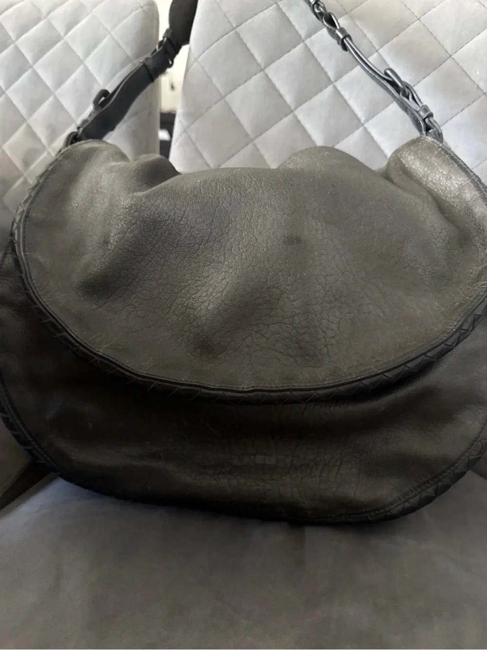 Bottega Veneta Distressed Black Leather Hobo Bag